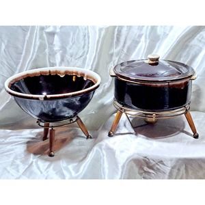 Vintage 4 Piece Pfaltzgraff Brown Drip Glaze Chafing Dish Set with Stands.